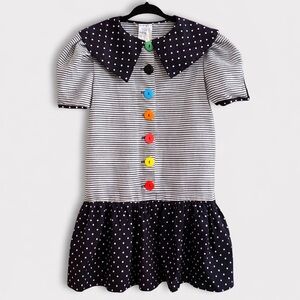 Vintage Youngland Girls Dress Sz 6 80s Polka Dot Collar Colorful Rainbow Buttons
